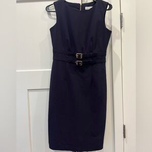 Calvin Klein Dark Blue Midi Dress with Gold Accents